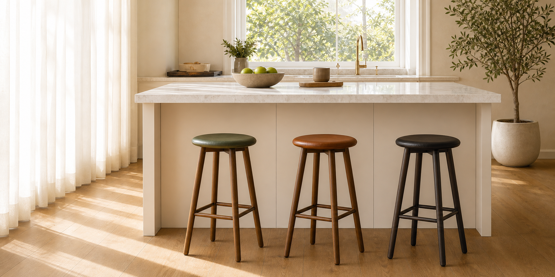 Three counter stools at a sunlit kitchen island