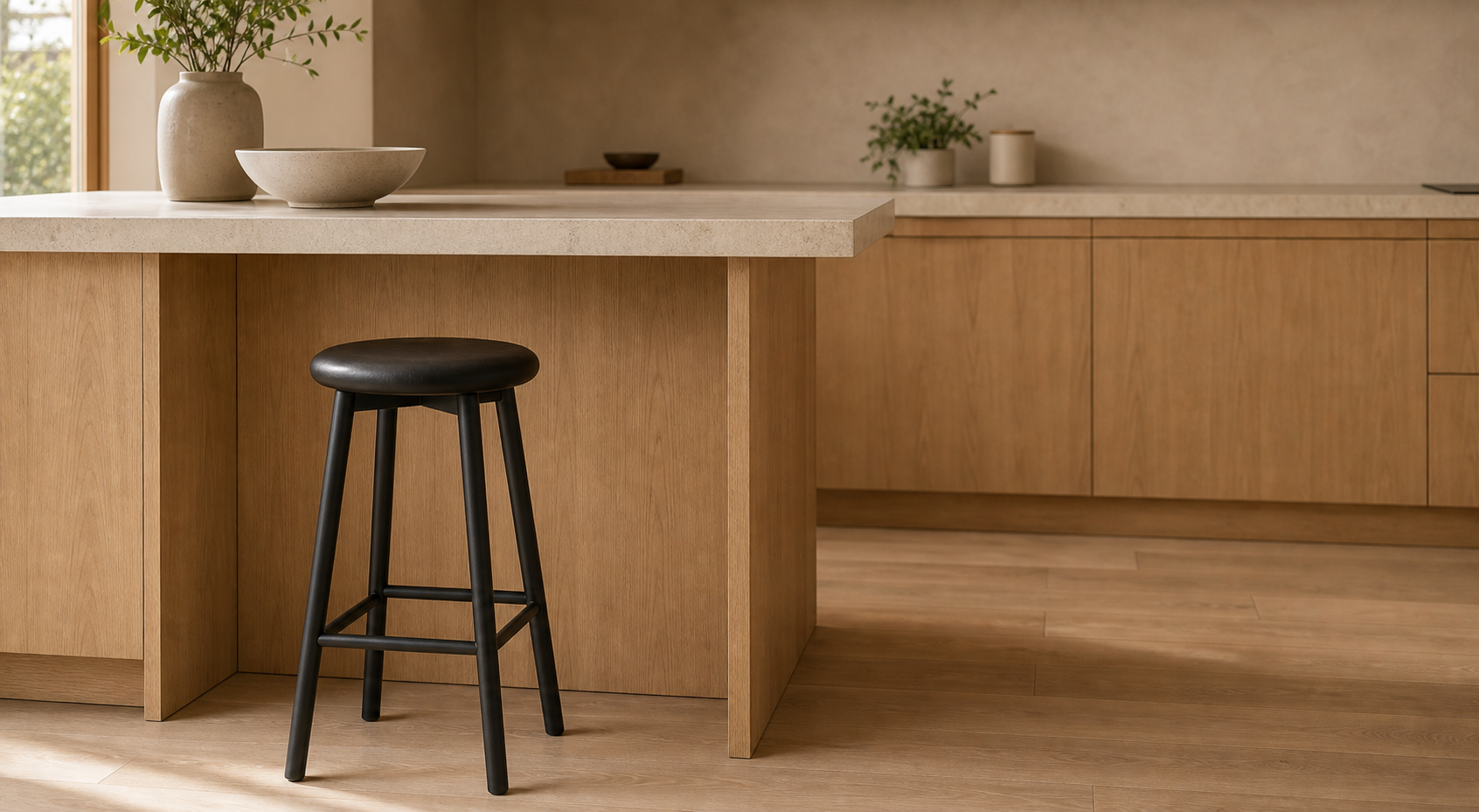 Counter stool tucked beneath a kitchen island