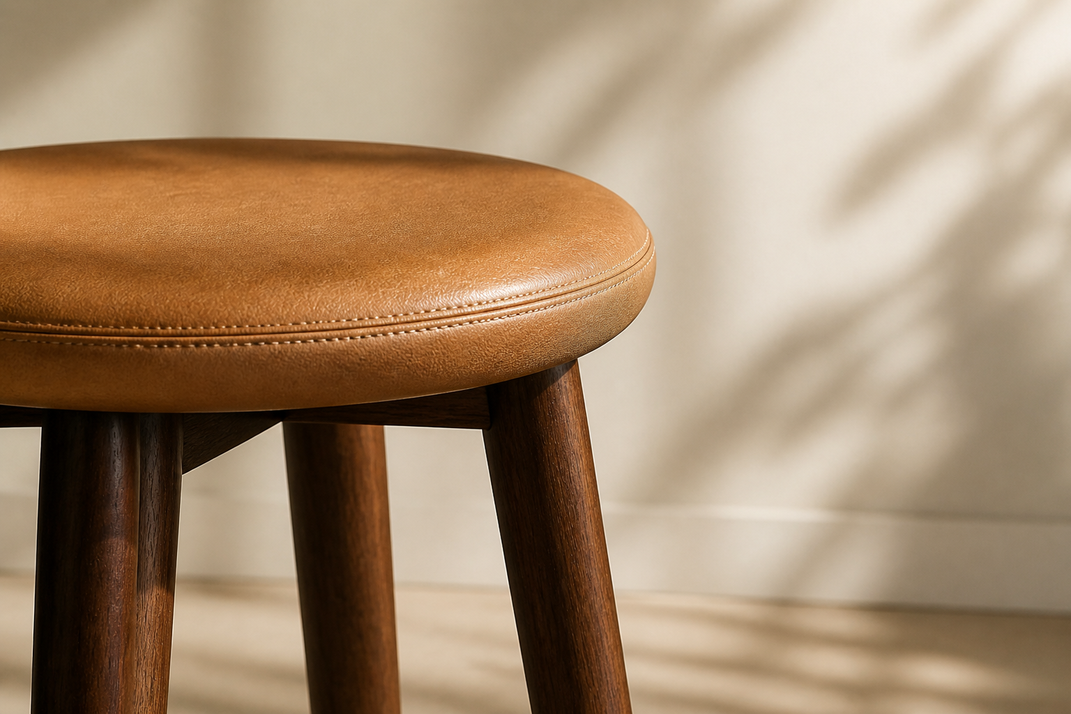 Close-up of a tan leather stool seat